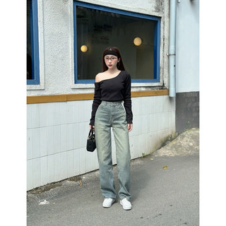 HALLO JEANS - Quần jean wash ống rộng, quần bò suông cạp cao màu Retro, phong cách basic M013