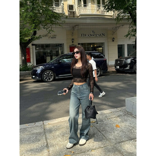 HALLO JEANS - Quần jean wash ống rộng, quần bò suông cạp cao màu Retro, phong cách basic M013