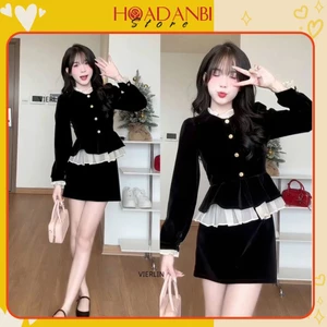 Set Áo Nhung Peplum Phối Tơ Mix Chân Váy Nhung Chữ A Hàng 2 Lớp Dày Dặn ( kèm ảnh thật)