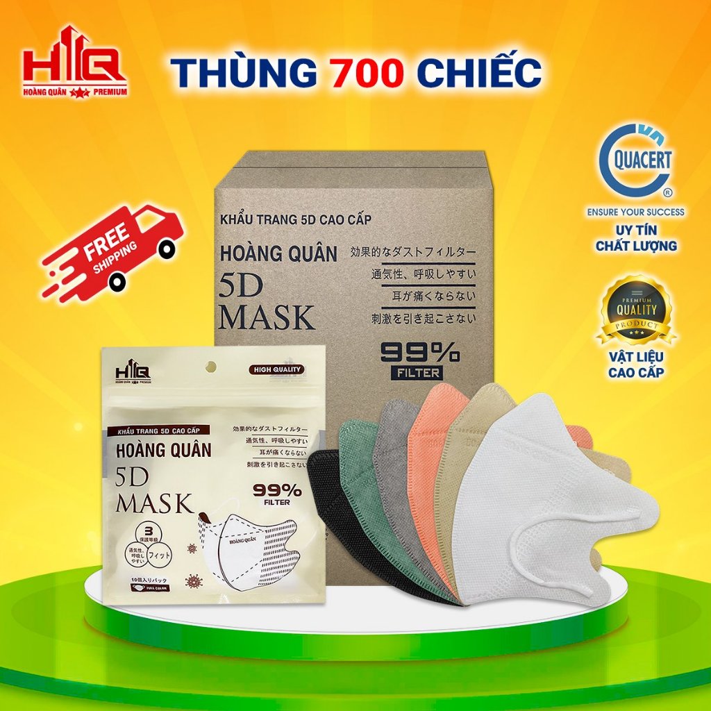 Khẩu Trang [ Thùng 600/700 Cái ] 5D Hoàng Quân Kháng Giọt , Bụi , Tia UV 3 Lớp Hàng Chính Hãng