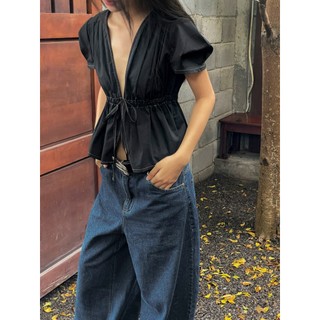 Áo sơ mi nữ kiểu màu đen Free & Easy kiểu sáng rút nơ trước trẻ trung