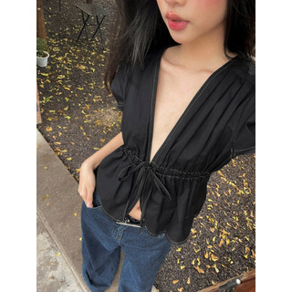 Áo sơ mi nữ kiểu màu đen Free & Easy kiểu sáng rút nơ trước trẻ trung