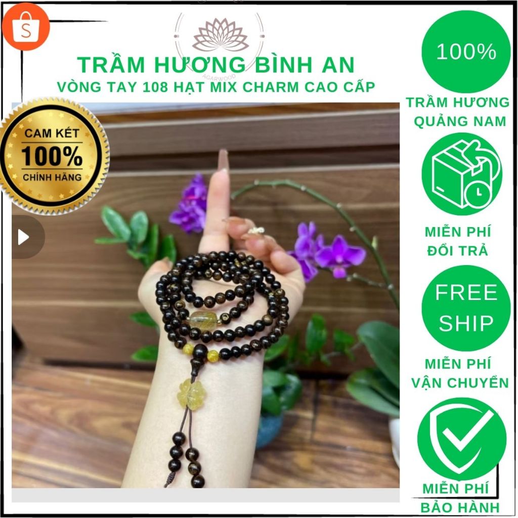 Vòng Tay Trầm Hương 108 Hạt Nữ – 6mm | Sánh Chìm, Mix Đá Cao Cấp, Charm Tóc Vàng | Chuỗi Tràng Hạt & Bình An