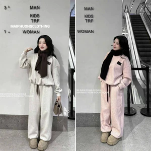 T19 Set Nữ Áo Dài Tay Bo Gấu Mix Quần Ống Rộng Ấm Áp – Size 40-65kg, Thời Trang Nữ