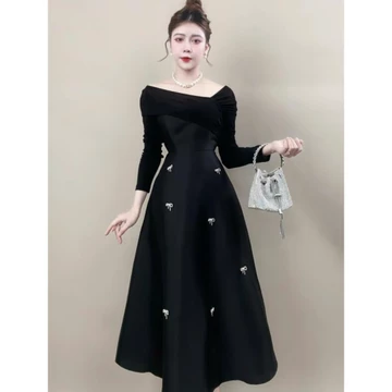Váy thiết kế cổ tròn, ngắn tay dáng dài eo xếp li che khuyết điểm bụng to xẻ tà gấu, váy đầm dự tiệc B35 sang chảnh