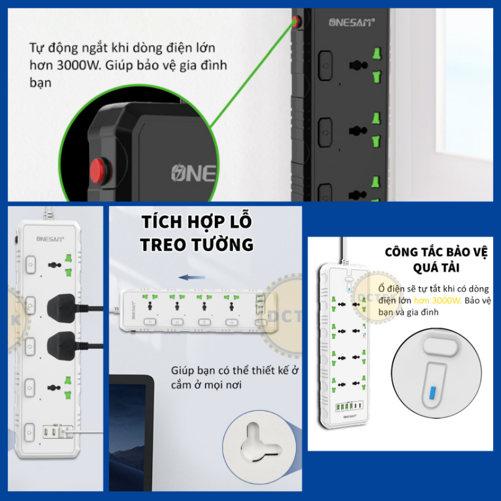 Ổ Cắm Điện Đa Năng Thông Minh,Chịu Tải 3000W,Chống Cháy Nổ,Chống Giật,Quá Tải Tự Ngắt,Dây 2m,Kèm Cổng Sạc USB TypeC