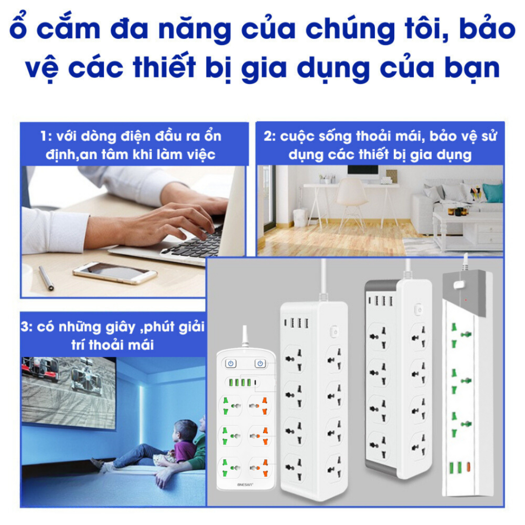 Ổ Cắm Điện Đa Năng Thông Minh,Chịu Tải 3000W,Chống Cháy Nổ,Chống Giật,Quá Tải Tự Ngắt,Dây 2m,Kèm Cổng Sạc USB TypeC