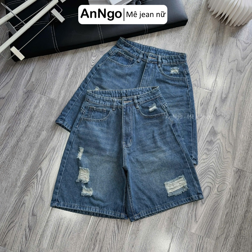 (Có big size) Quần jean ngố nữ ống rộng rách nhẹ, chất jean denim không co giãn dày dặn, cực xinh Anngo - AT521