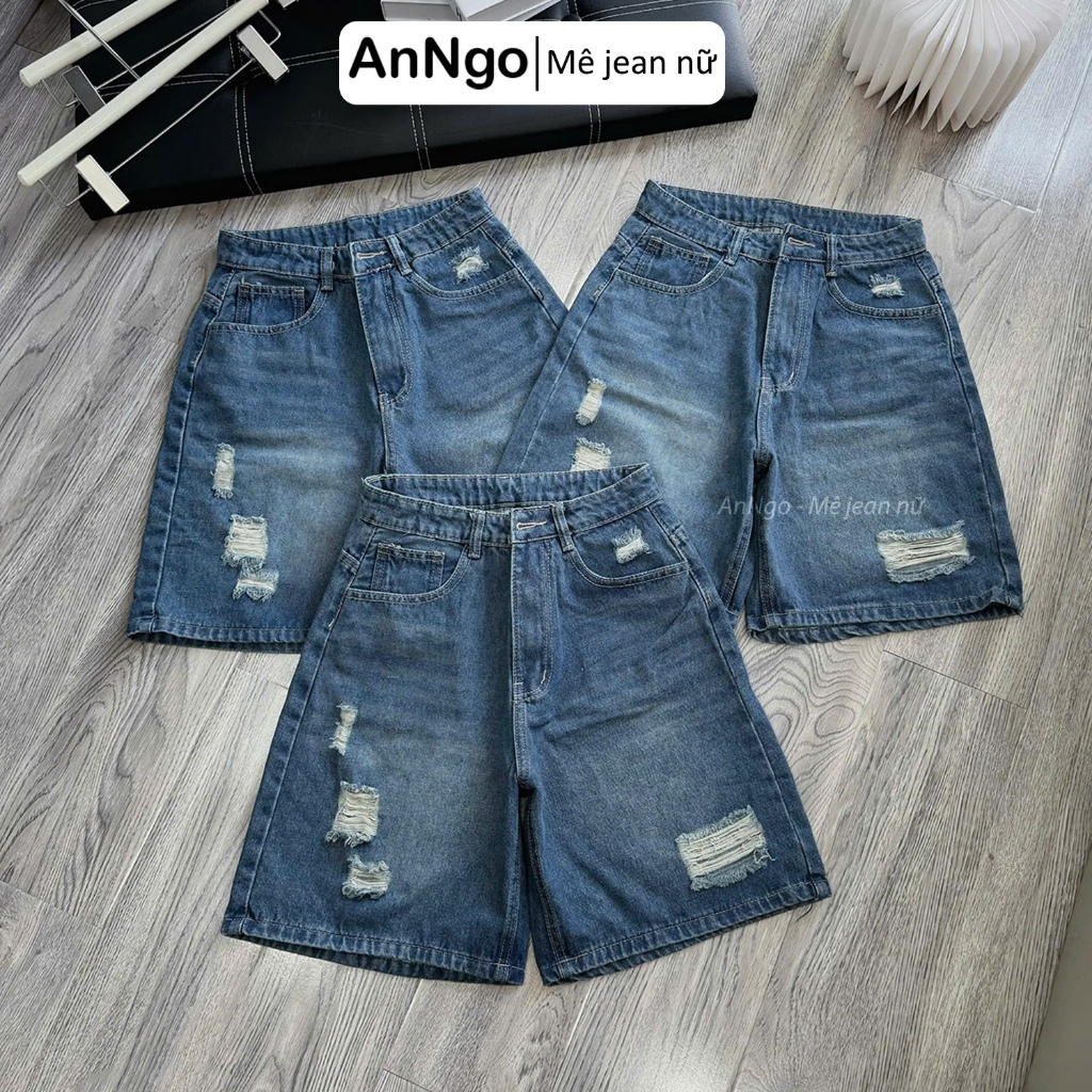 (Có big size) Quần jean ngố nữ ống rộng rách nhẹ, chất jean denim không co giãn dày dặn, cực xinh Anngo - AT521