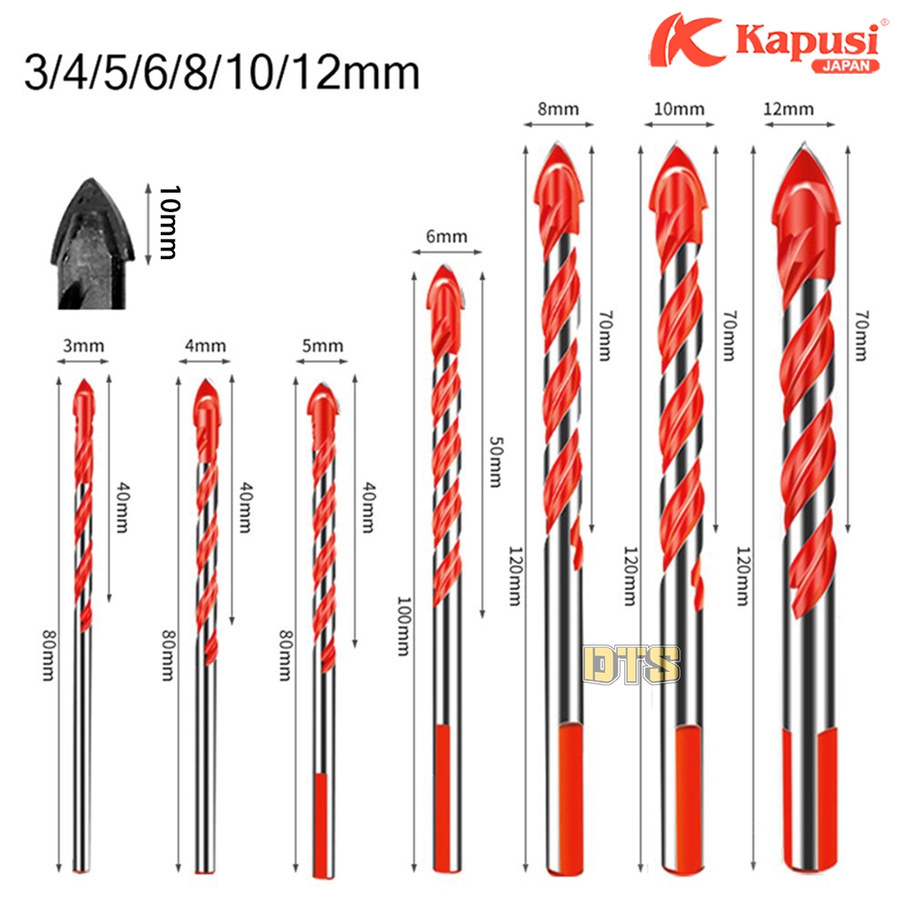 Bộ 7 mũi khoan đa năng 2 cạnh Kapusi Japan chân tam giác 3/4/5/6/8/10/12mm phù hợp khoan các chất liệu kính sắt bê tông