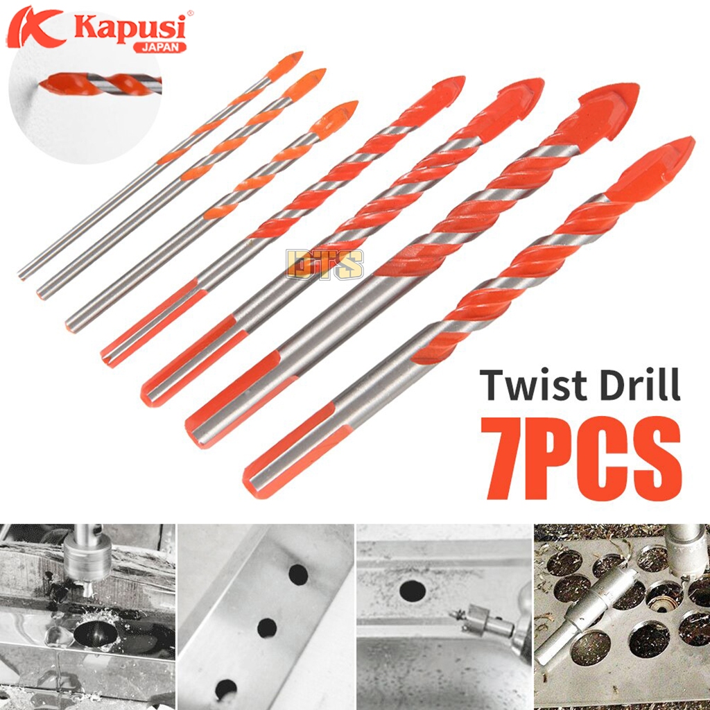 Bộ 7 mũi khoan đa năng 2 cạnh Kapusi Japan chân tam giác 3/4/5/6/8/10/12mm phù hợp khoan các chất liệu kính sắt bê tông