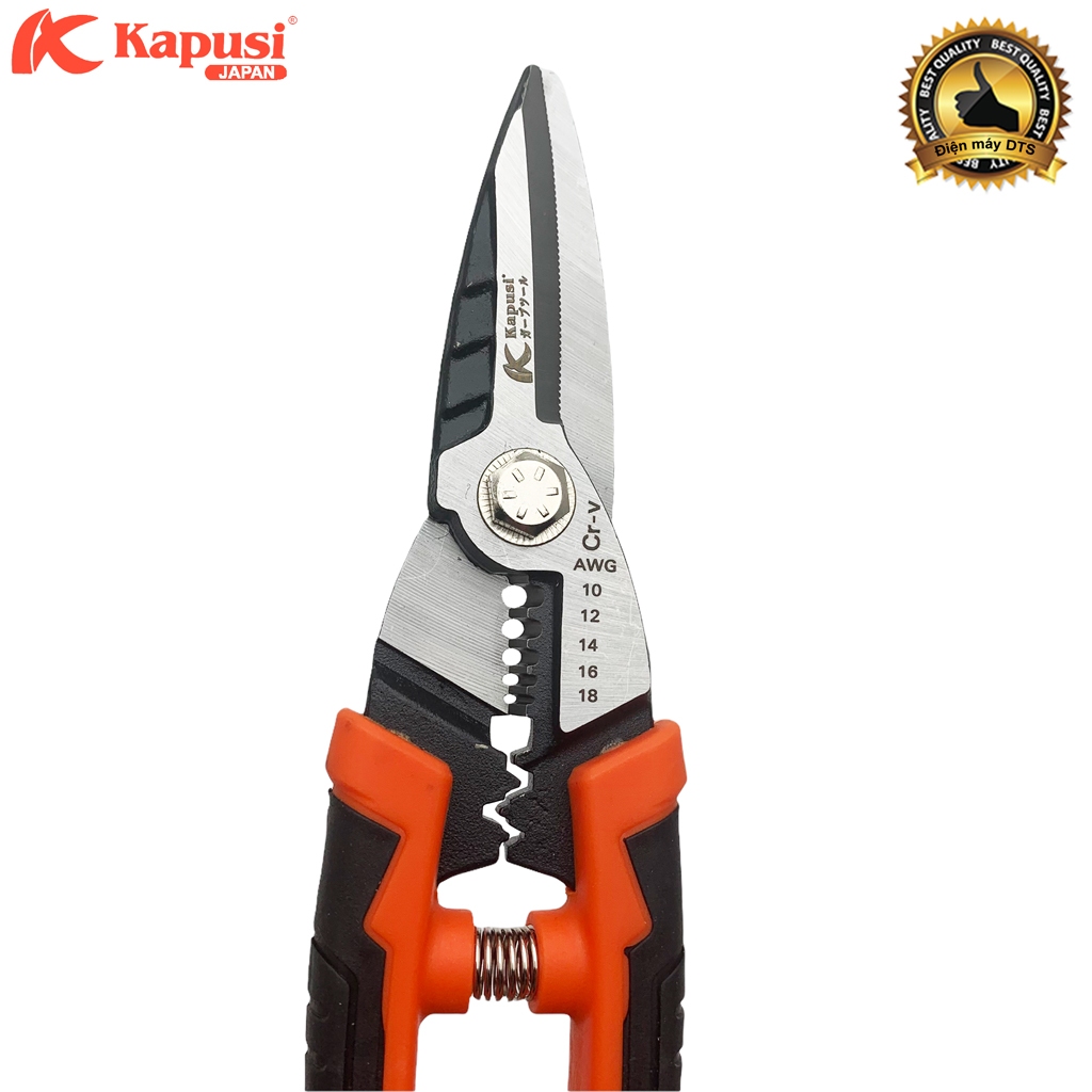 Kéo cắt dây đa năng trợ lực Nhật 3 trong 1 Kapusi JAPAN 215mm, kìm tuốt dây điện cao cấp tích hợp bấm cos thao tác nhanh