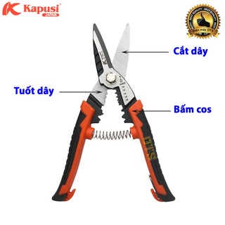 Kéo cắt dây đa năng trợ lực Nhật 3 trong 1 Kapusi JAPAN 215mm, kìm tuốt dây điện cao cấp tích hợp bấm cos thao tác nhanh