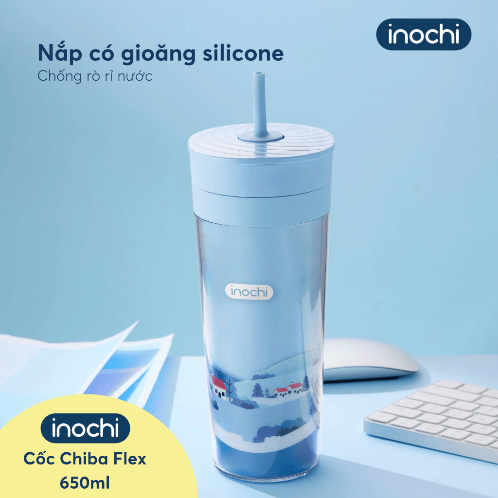 Cốc Nhựa 2 Lớp Chiba Inochi - Miệng rộng, nắp khóa ống hút, 2 lớp chống đọng nước