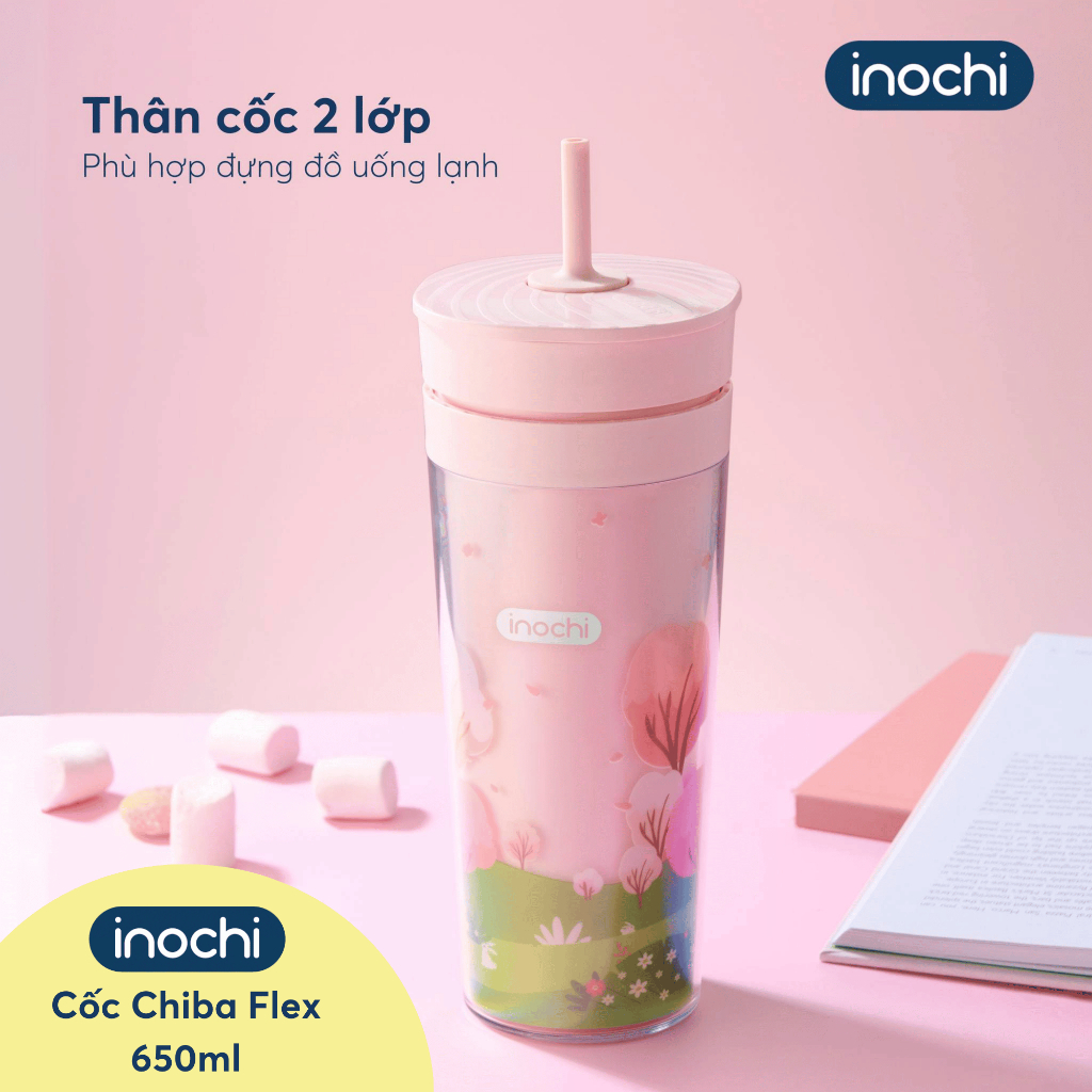 Cốc Nhựa 2 Lớp Chiba Inochi - Miệng rộng, nắp khóa ống hút, 2 lớp chống đọng nước