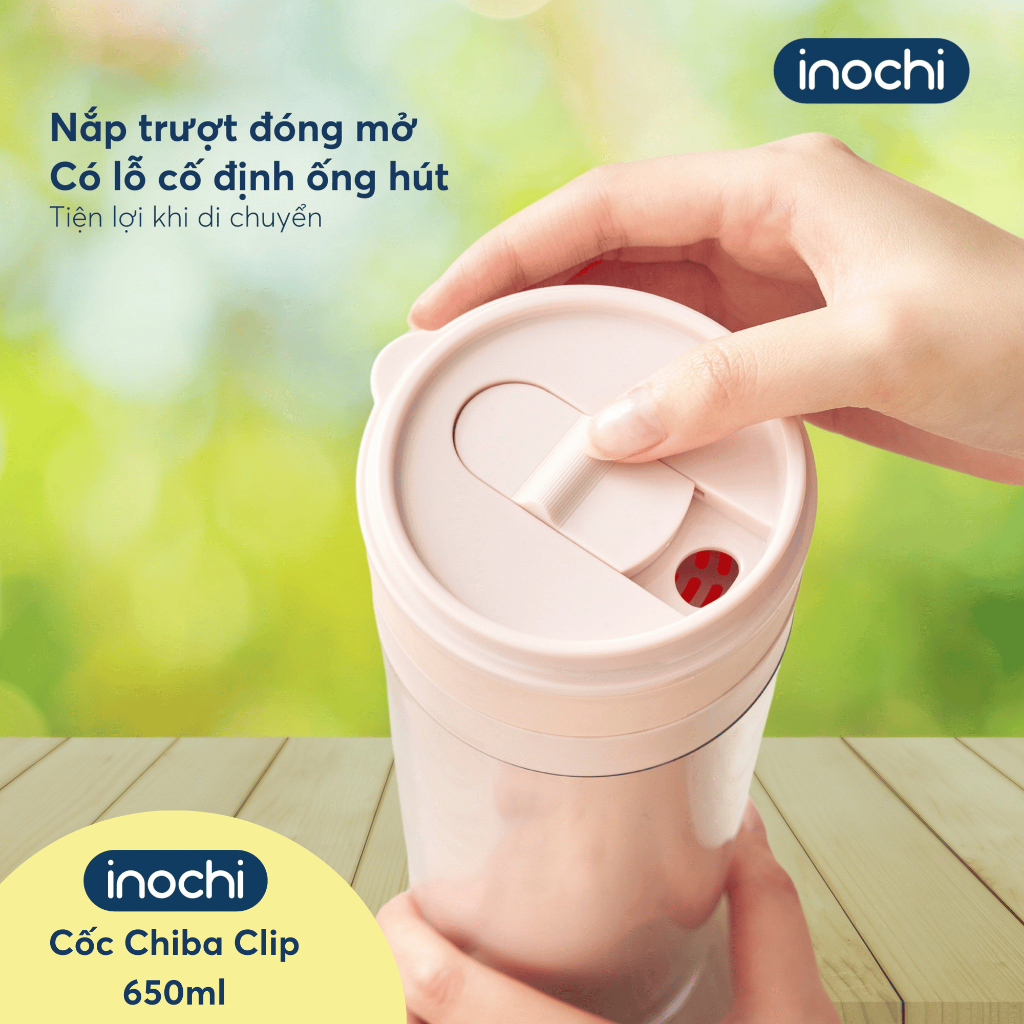 Cốc Nhựa 2 Lớp Chiba Inochi - Miệng rộng, nắp khóa ống hút, 2 lớp chống đọng nước