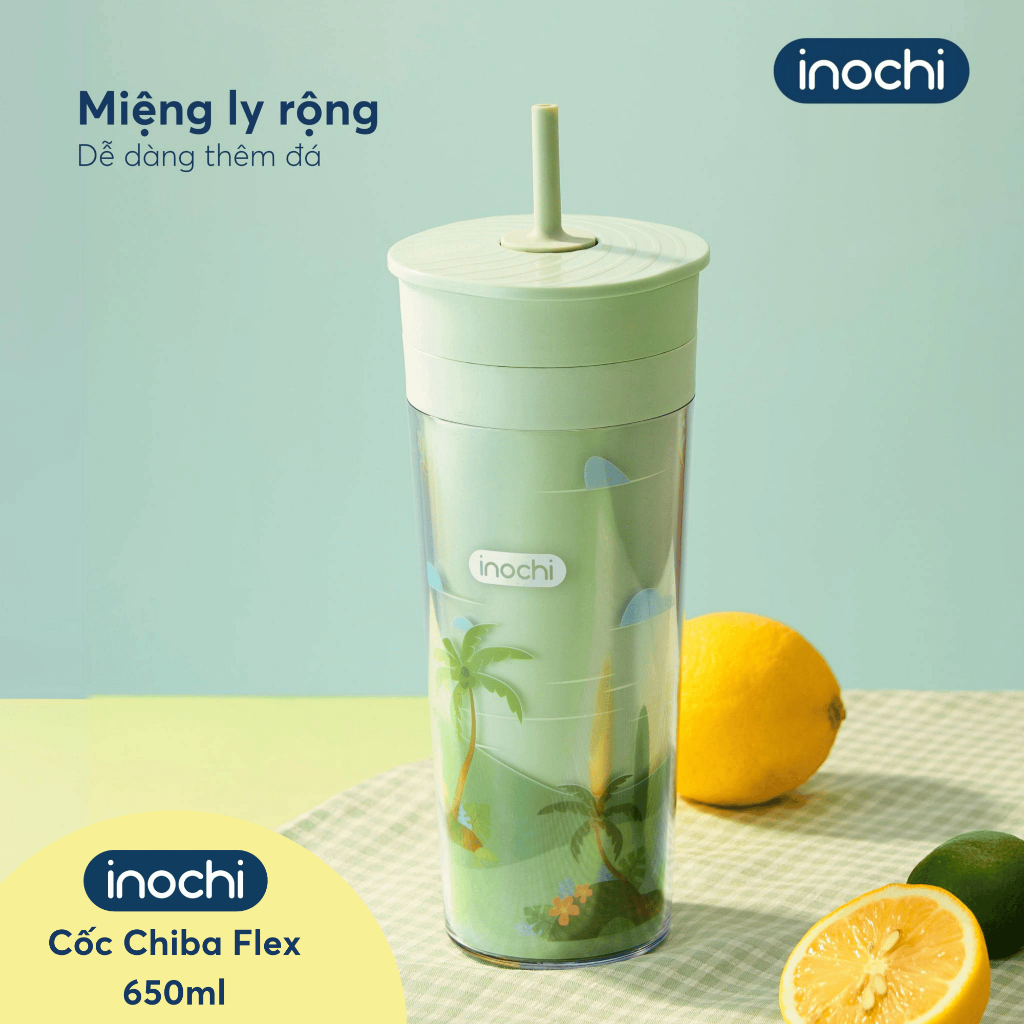 Cốc Nhựa 2 Lớp Chiba Inochi - Miệng rộng, nắp khóa ống hút, 2 lớp chống đọng nước