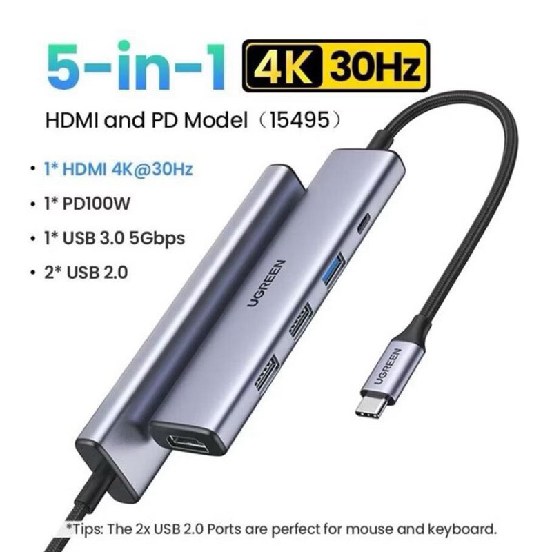 Hub chuyển đổi Type C Ug.reen 15495 5 in 1 | Vỏ nhôm cao cấp | HDMI 4K30Hz | USB 2.0 | USB 3.0 | Sạc PD 100W