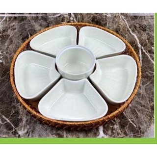 Bộ bát đĩa hình hoa mai 5 cánh nhựa phíp trắng bóng bao gồm 5 đĩa cánh hoa 1 bát, 1 khay (hàng tốt)