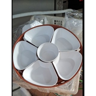 Bộ bát đĩa hình hoa mai 5 cánh nhựa phíp trắng bóng bao gồm 5 đĩa cánh hoa 1 bát, 1 khay (hàng tốt)