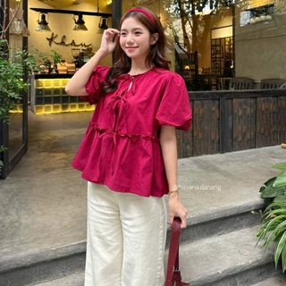 (Kèm áo ống trong) Áo babydoll BERRY tay bồng phối dây buộc viền bèo nữ tính HAVANA SAT317