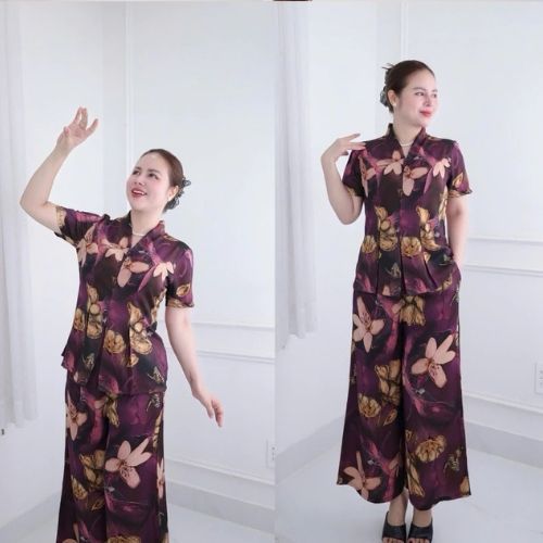 Set Đồ bộ trung niên cách điệu cho mẹ, áo có cổ, quần ống rộng, quần giả váy, chất lụa nhập HAN.T Shop Ms30