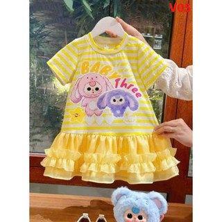 V06  Váy bé gái chất cotton mềm mại đuôi cá nhiều tầng, đầm bé gái hoạ tiết BABY THREE hot hit size 10-30kg