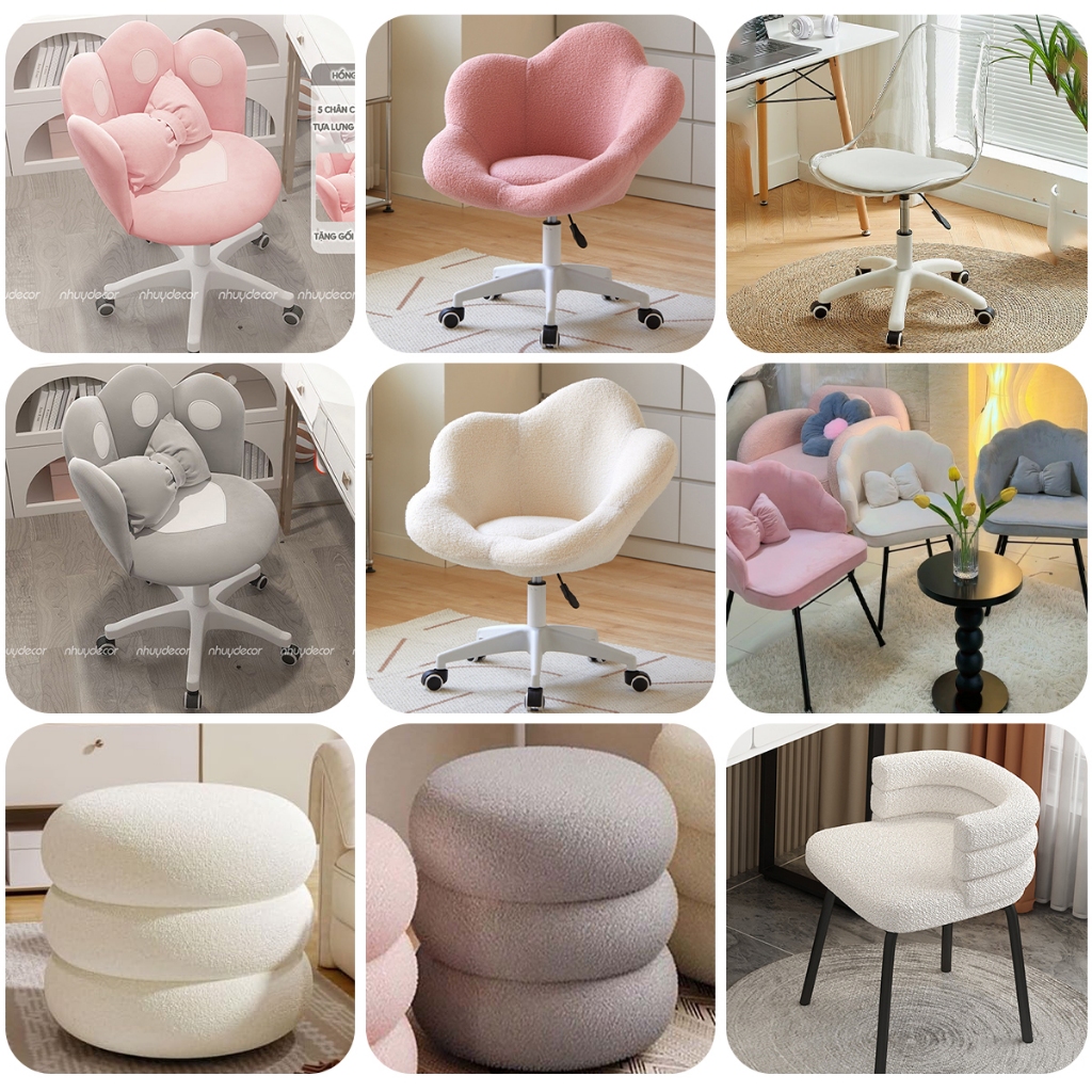 Ghế xoay, ghế trang điểm NHU Y DECOR ghế cánh hoa tựa lưng nhung cừu thoải mái cho phòng ngủ nữ, ghế làm móng tay