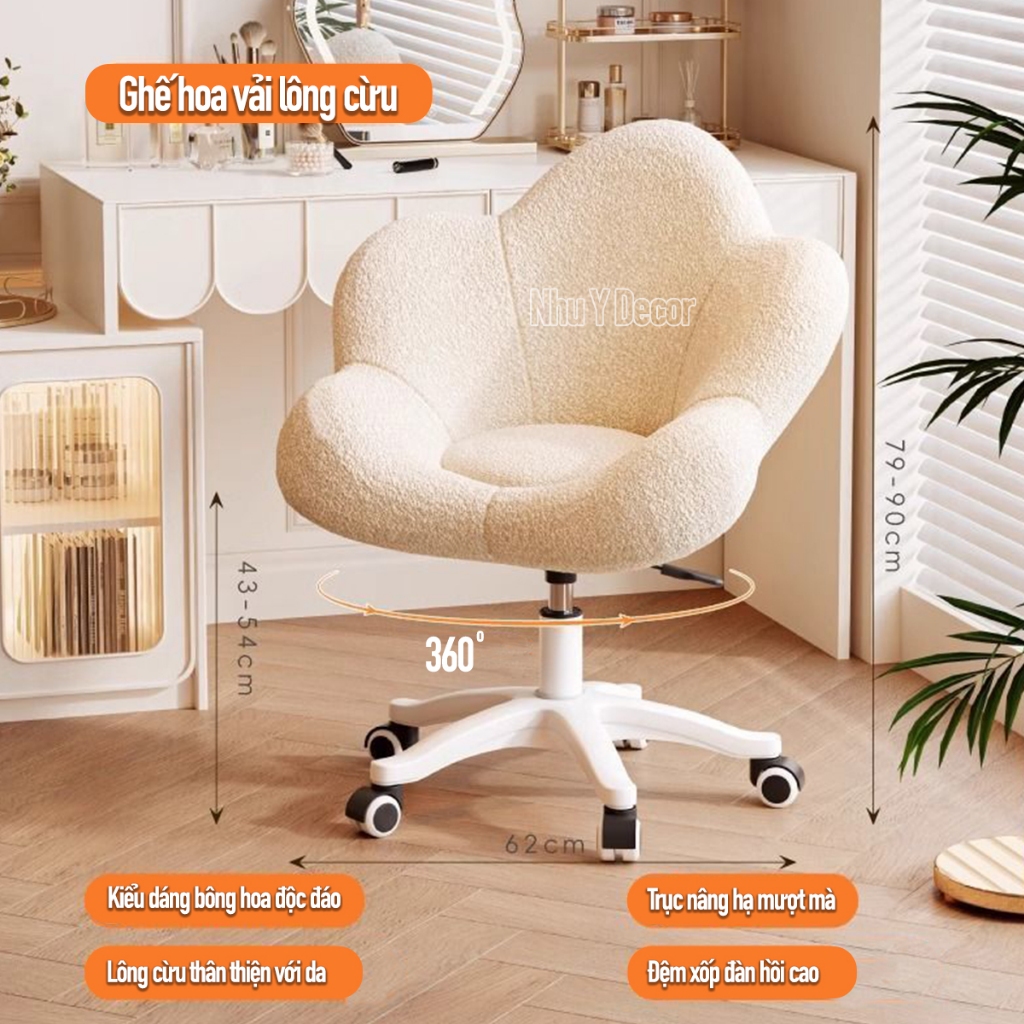 Ghế xoay, ghế trang điểm NHU Y DECOR ghế cánh hoa tựa lưng nhung cừu thoải mái cho phòng ngủ nữ, ghế làm móng tay