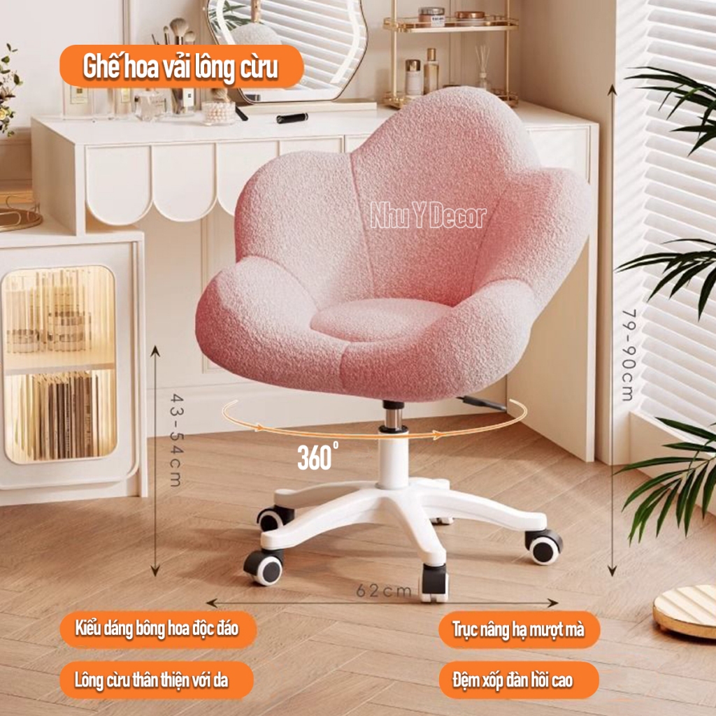 Ghế xoay, ghế trang điểm NHU Y DECOR ghế cánh hoa tựa lưng nhung cừu thoải mái cho phòng ngủ nữ, ghế làm móng tay