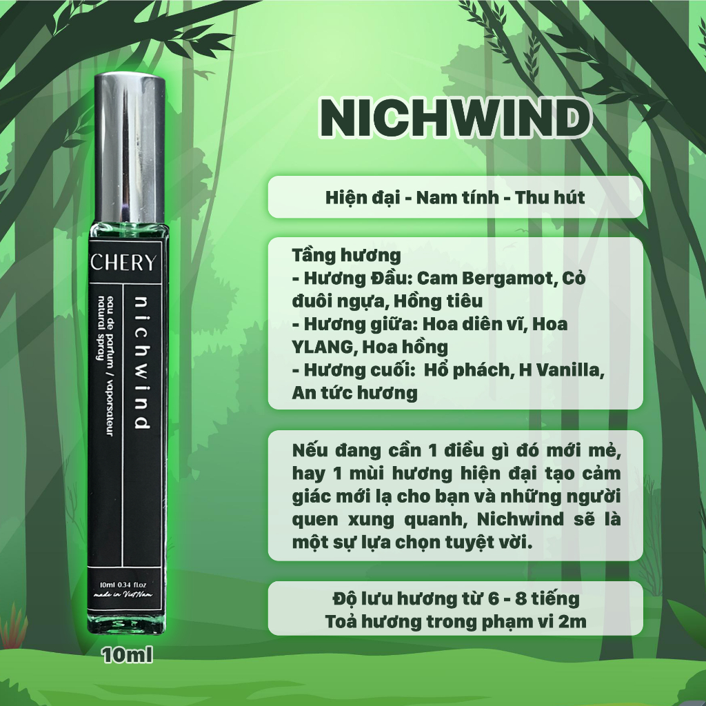 Nước hoa nam nữ Nichery Nichwind cao cấp chính hãng hương thơm hiện đại nam tính dạng xịt chai 10ml