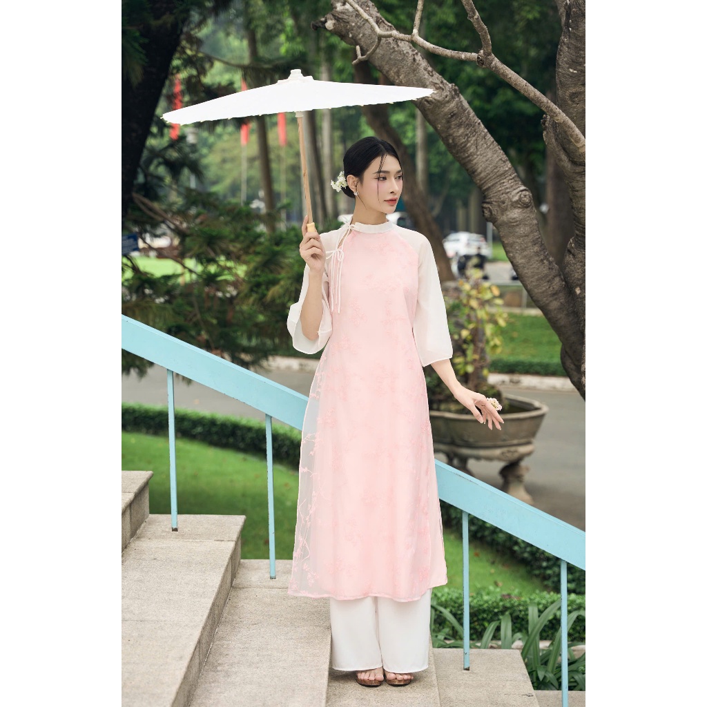 Thời Trang Nữ LASY| Áo Dài Tết Cách Tân Dáng Suông Cổ Lệch Thắt Nơ Tay Phối Quần Ống Rộng AD1005