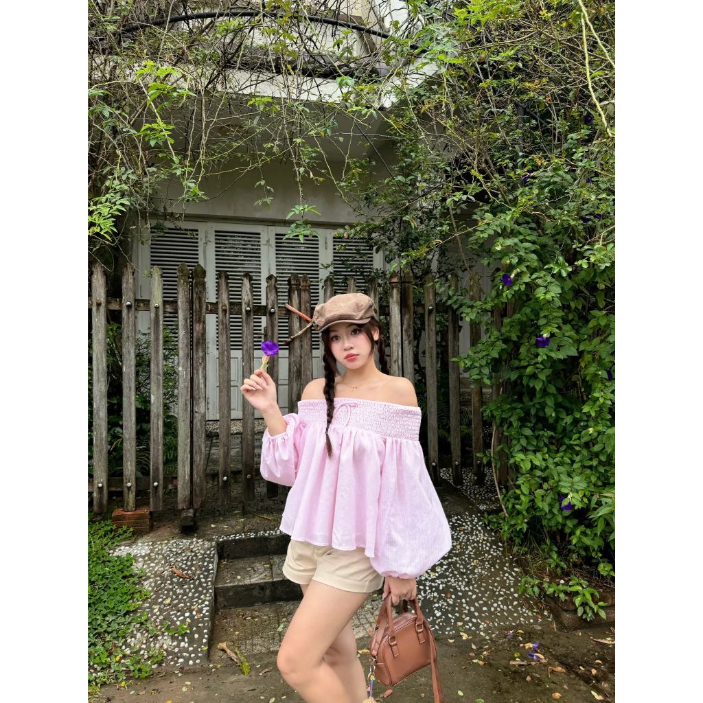 Áo kiểu tay phồng trễ vai phối nơ form babydoll viền ren phối chun | TRUFFLE TOP | SECODEE