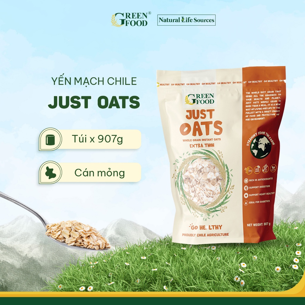 Ảnh Yến Mạch Chile JUST OATS Green Food nguyên chất cán mỏng - Túi 907g Ăn liền 1