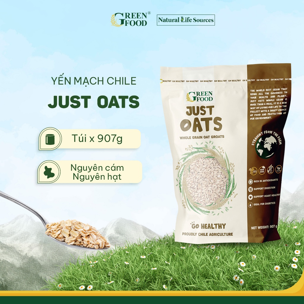 Ảnh Yến mạch Chile Just Oats nguyên cám nguyên hạt | Túi 907g, giàu chất xơ, hạt dinh dưỡng 1