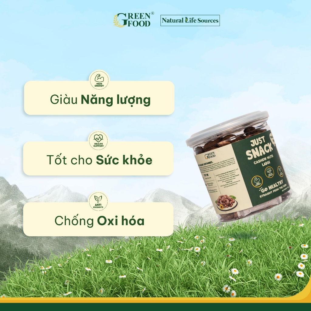 Ảnh Hạt điều vỏ lụa rang muối Just Snack Green Food kích cỡ to hộp 180g 2
