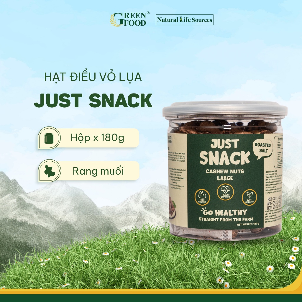 Ảnh Hạt điều vỏ lụa rang muối Just Snack Green Food kích cỡ to hộp 180g 1