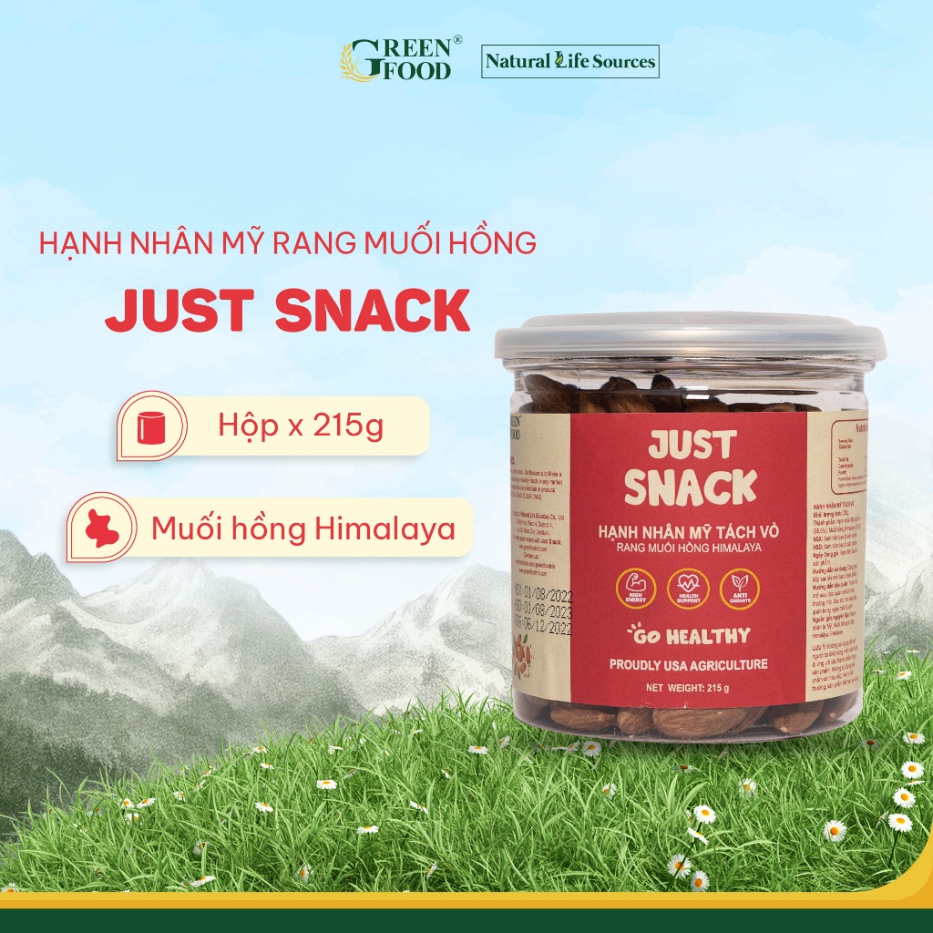 Ảnh Hạnh Nhân Mỹ Rang Muối Hồng Himalaya Just Snack Green Food Tách Vỏ | Hộp 215g 1