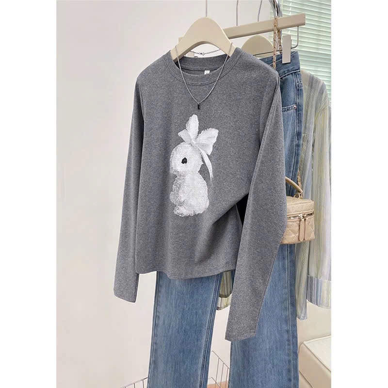 Áo dài tay nữ dang rộng in hình thỏ trắng dể thương JULY FASHION, Áo thun nữ tay dài chất thun xượt mềm mịn
