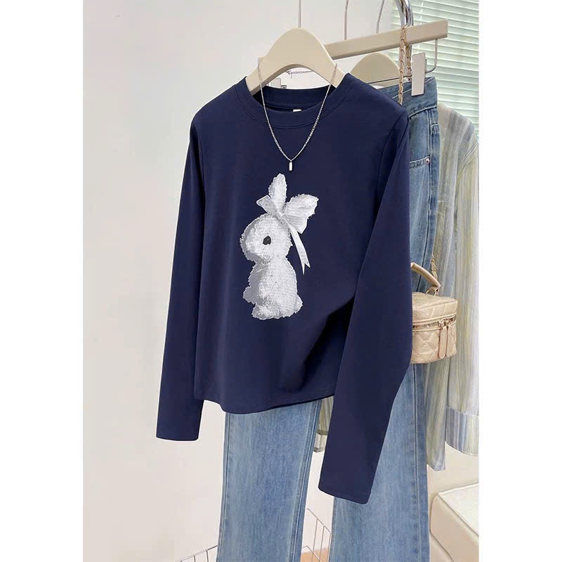 Áo dài tay nữ dang rộng in hình thỏ trắng dể thương JULY FASHION, Áo thun nữ tay dài chất thun xượt mềm mịn
