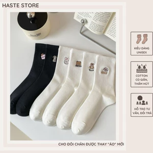 Tất Vớ Nam Nữ Cổ Cao Thêu Hình Thú Gấu Thỏ Siêu Dễ Thương Cotton Thoáng Mát Dễ Phối