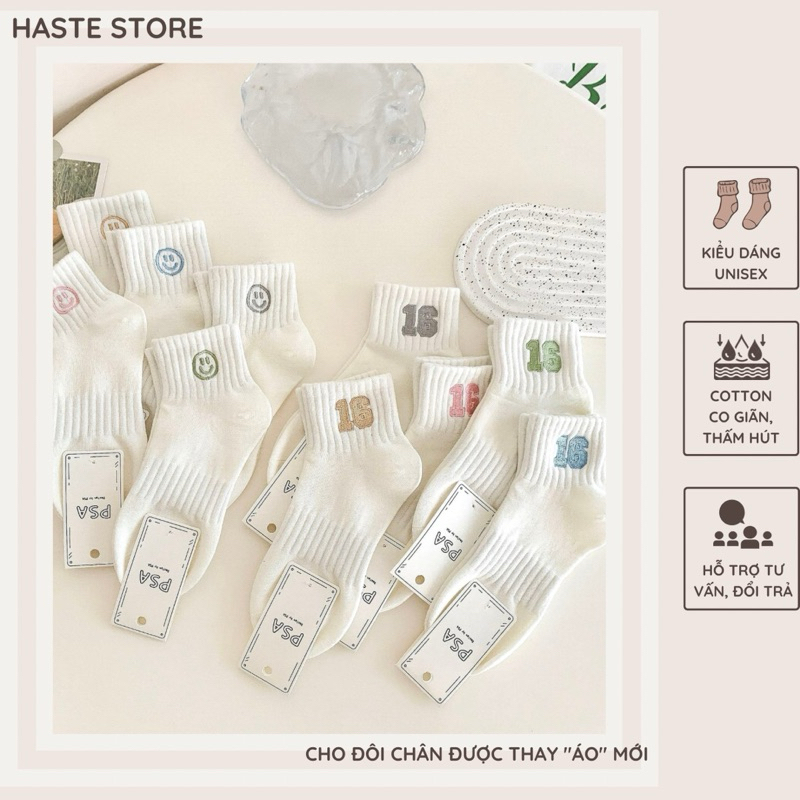 Tất Vớ Nữ Cổ THẤP Thêu Số 16 Mặt Cười Smile Thoáng Mát Phong Cách Hàn Quốc Chất Cotton Mềm Mại