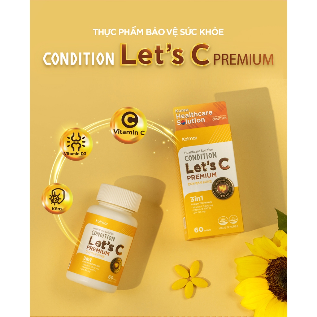 Viên Uống Bổ Sung Vitamin C, D, Kẽm CONDITION LET’S C PREMIUM - Hộp 60 viên - Thực Phẩm Bảo Vệ Sức Khoẻ