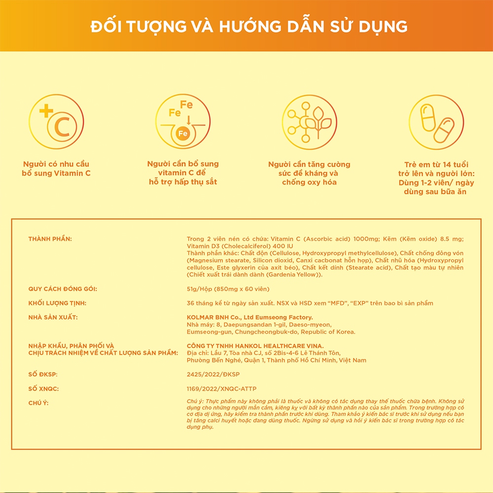 Viên Uống Bổ Sung Vitamin C, D, Kẽm CONDITION LET’S C PREMIUM - Hộp 60 viên - Thực Phẩm Bảo Vệ Sức Khoẻ