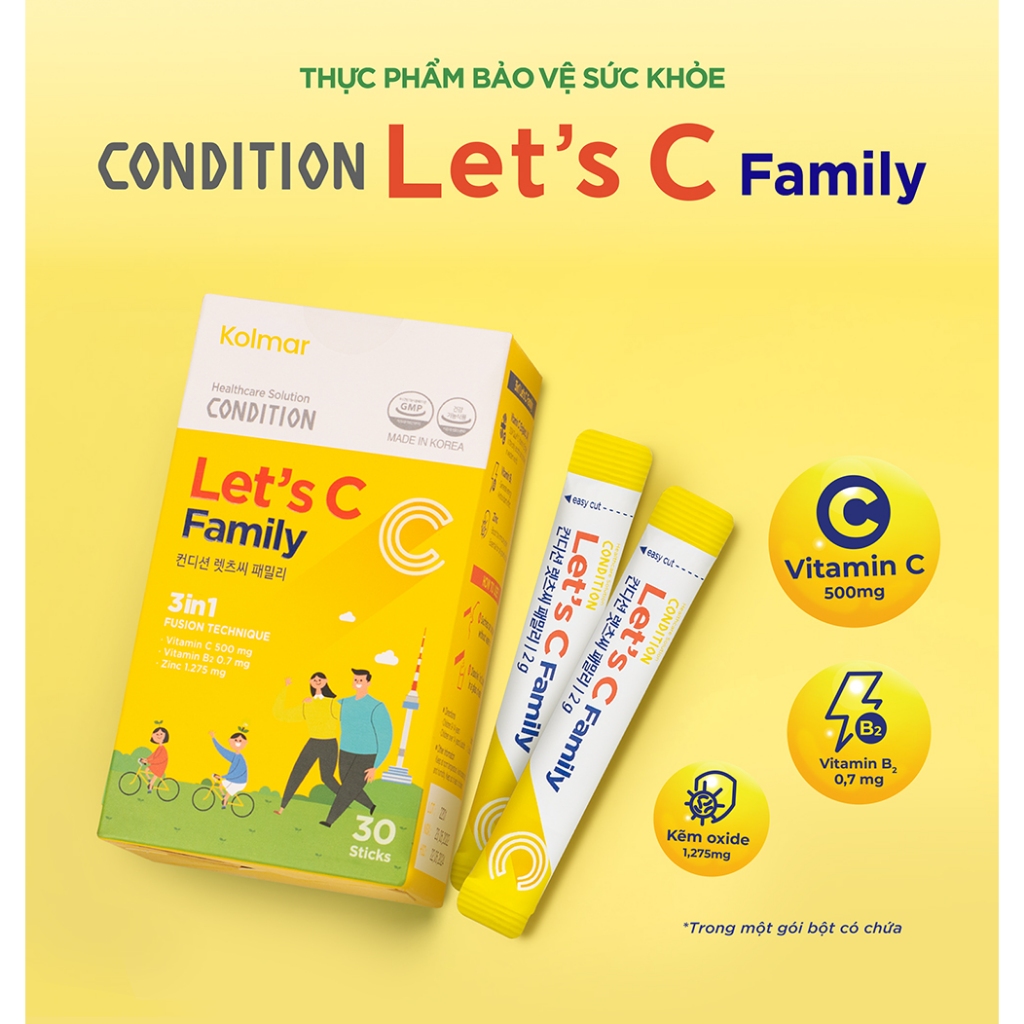 Bột Uống Bổ Sung Vitamin C, B2, Kẽm CONDITION LET’S C FAMILY - Hộp 30 gói - Thực Phẩm Bảo Vệ Sức Khoẻ