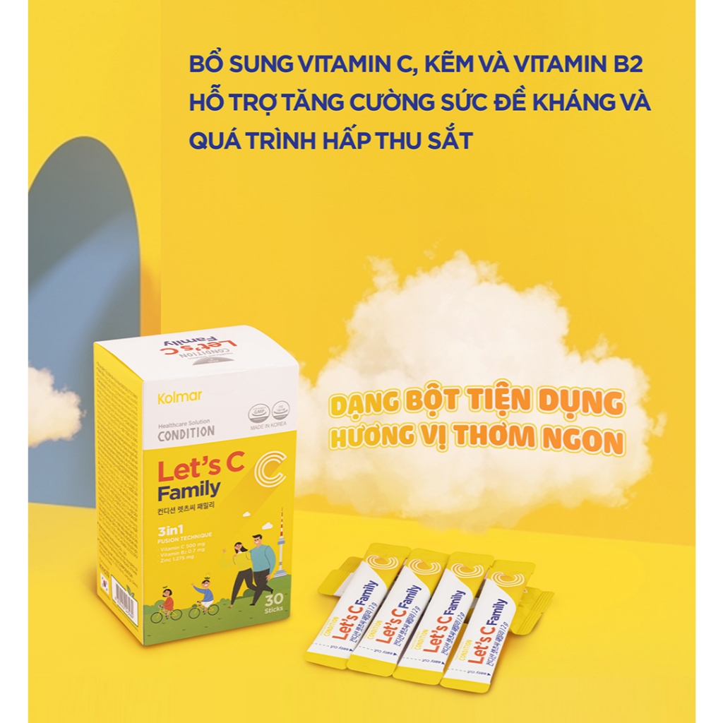 Bột Uống Bổ Sung Vitamin C, B2, Kẽm CONDITION LET’S C FAMILY - Hộp 30 gói - Thực Phẩm Bảo Vệ Sức Khoẻ
