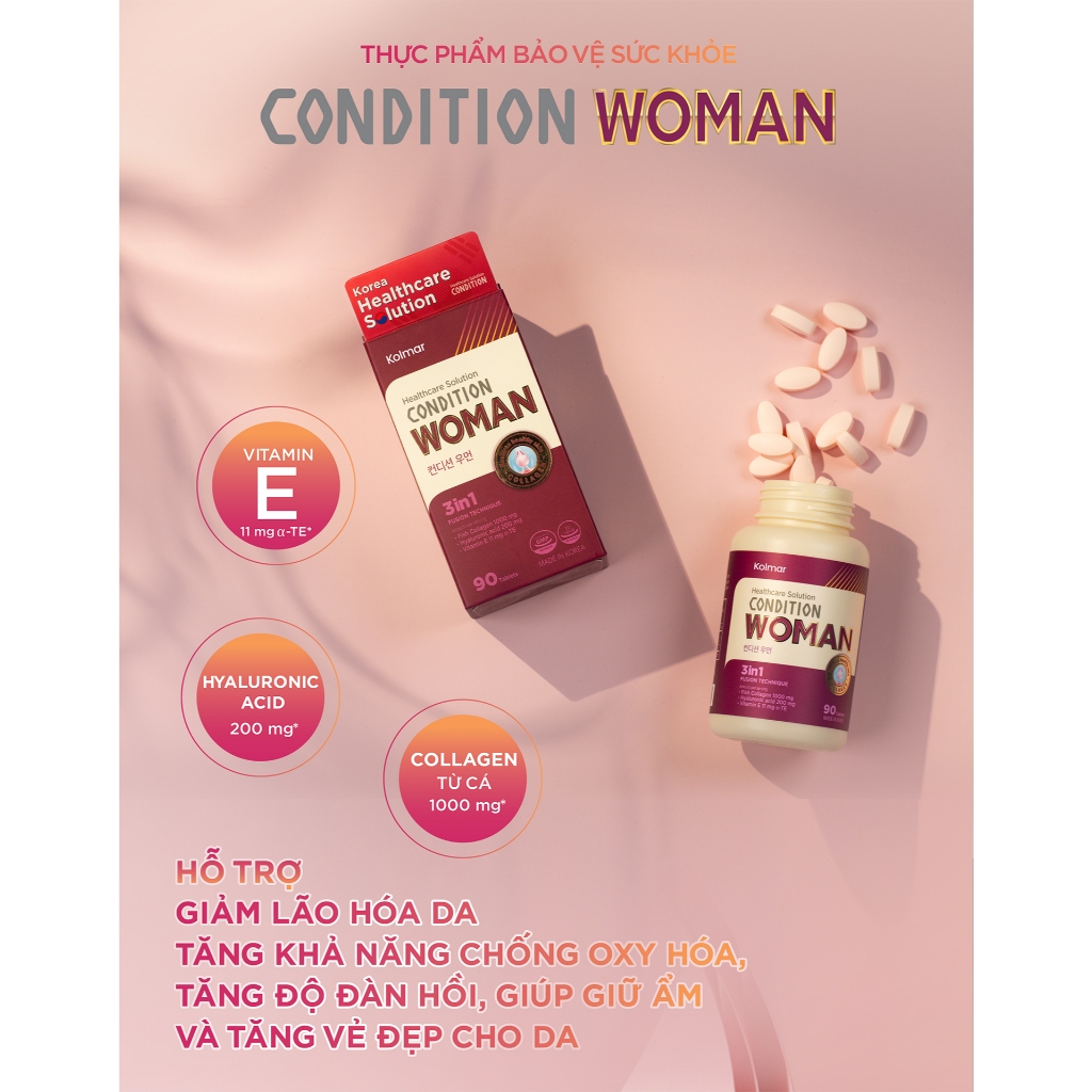 Viên Uống Bổ Sung Collagen CONDITION WOMAN Hỗ Trợ Tăng Độ Đàn Hồi, Giữ Ẩm Da - Hộp 90 Viên - Thực Phẩm Bảo Vệ Sức Khoẻ