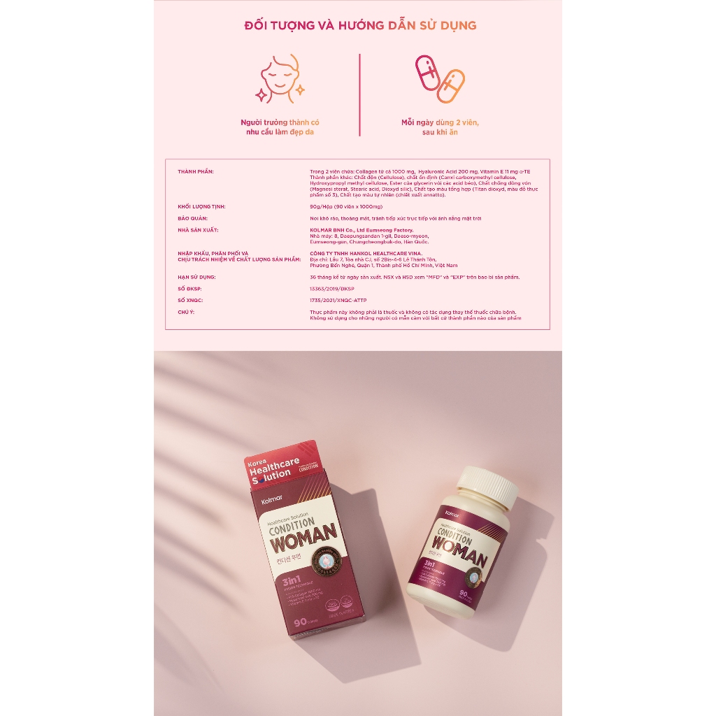 Viên Uống Bổ Sung Collagen CONDITION WOMAN Hỗ Trợ Tăng Độ Đàn Hồi, Giữ Ẩm Da - Hộp 90 Viên - Thực Phẩm Bảo Vệ Sức Khoẻ