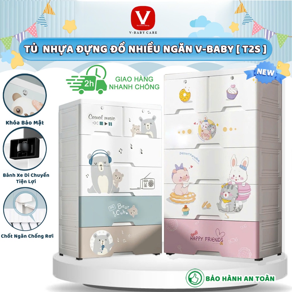Tủ Nhựa Đựng Đồ Cho Bé Tiện Lợi Xinh Xắn V-BABY T2S, Tủ Treo Đồ T6 T9 Có Khóa Hộc Tủ An Toàn Chắc Chắn