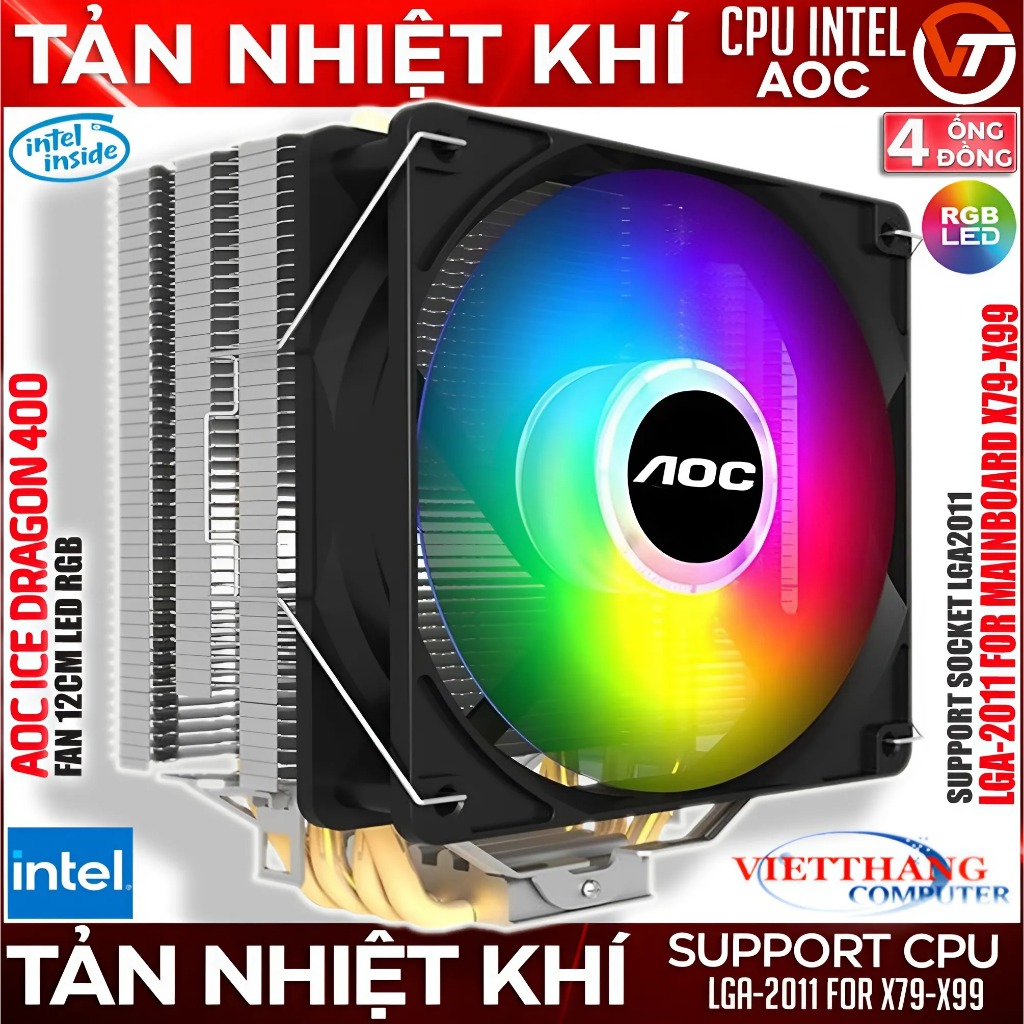 Quạt tản nhiệt CPU, Tản khí AOC 4 Ống Đồng Fan 12cm Led RGB Socket LGA ...